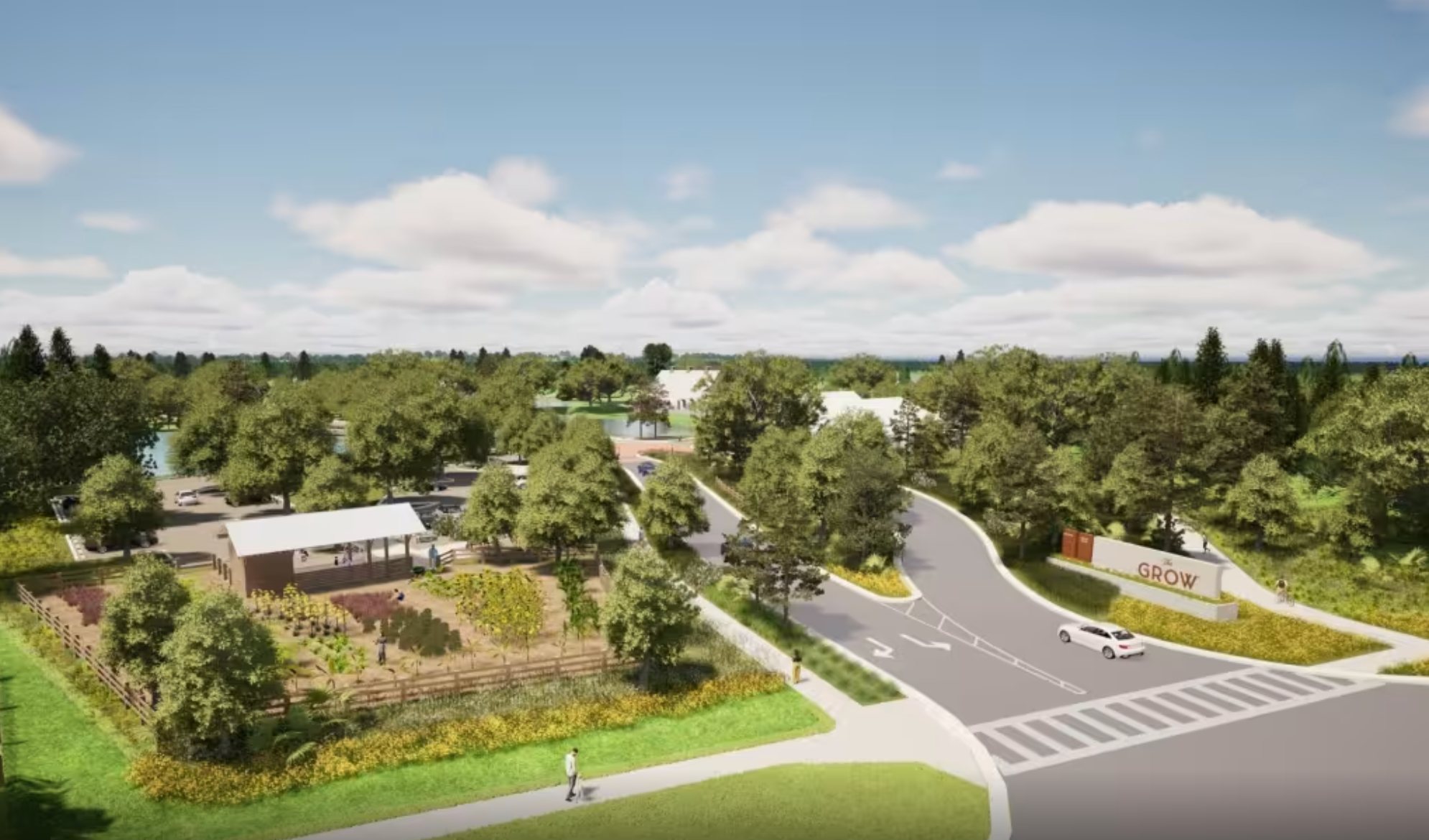 Aerial view of The Grow entrance and gardens